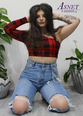 Dámsky karovaný červeno čierny crop top kod 1035