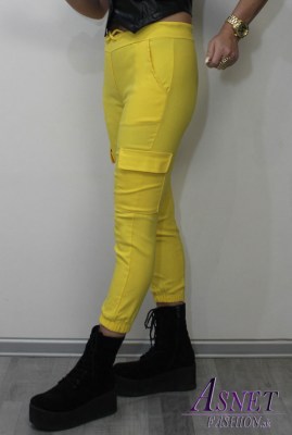 Dámske pestré žlté elastické kapsáčové nohavice 1415