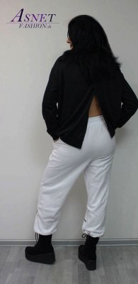Dámske biele teplákové nohavice s rexlexnými pásikmi, zateplené