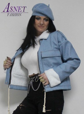 Dámska rifľová bunda s baraniou kožušinou 713