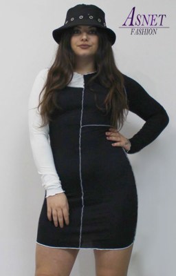 Dámske elastické čierne šaty s bielym rukávom a ramenom 794