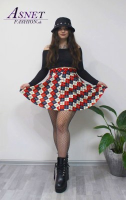 Dámska karovaná kruhová sukňa s vysokým pásom v červenej,čiernej a bielej farbe