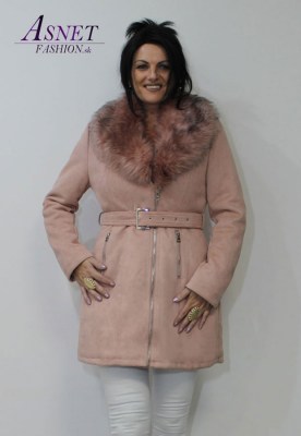 Dámsky ružový jelenicový kabát zateplený hrubou vnútornou kožušinou 933